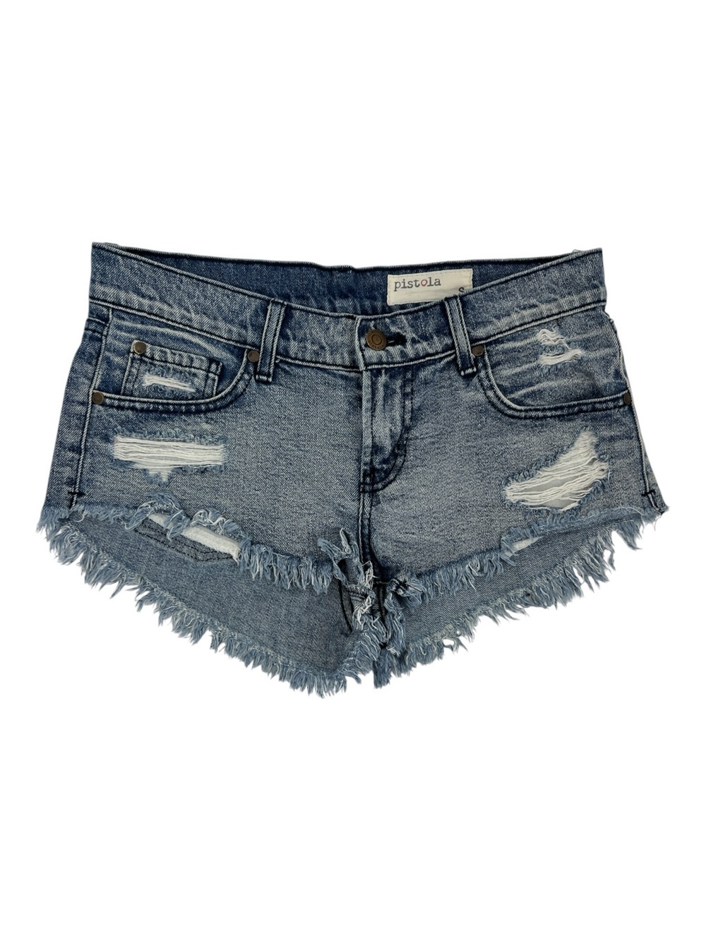 Pistola "Gigi" low-rise distressed denim cut-off Micro shorts SZ S